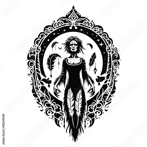 frankenstain female with bohemian decoration in black and white illustrations, cutout graphic