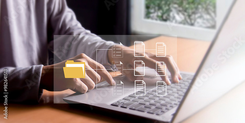 Concept of electronically checking smart items and documents on a virtual screen. Businessman checks electronic documents Borderless communication technology