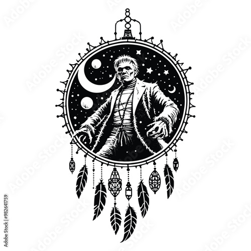 frankenstain with bohemian decoration in black and white illustrations, cutout graphic l