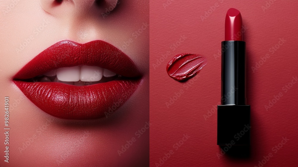 Obraz premium High-detail image of lipstick and lips in the same color, showcasing perfect color match and smooth finish, emphasizing a cohesive and visually captivating appearance