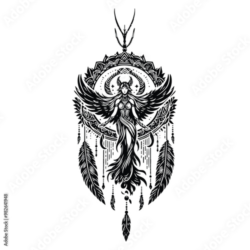 Freya goddess with bohemian decoration in black and white illustrations, cutout graphic