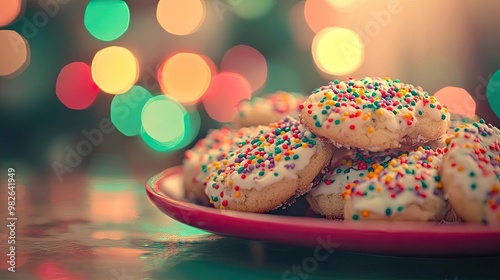 Delicious cookies topped with colorful sprinkles, perfect for festive occasions and sweet treats, served on a red plate.