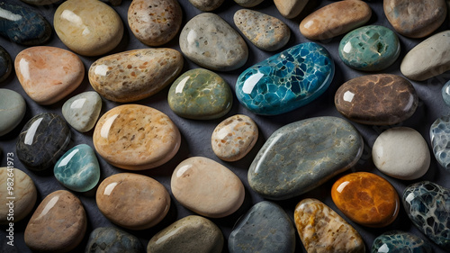 Black stones pile on dark background, smooth texture, zen harmony, natural spa photo