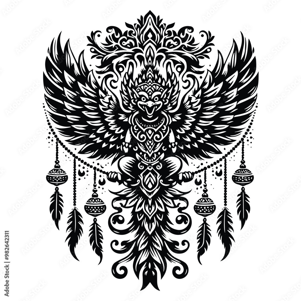 Obraz premium Garuda with bohemian decoration in black and white illustrations, cutout graphic