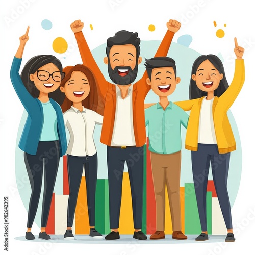 Celebrating Success: A vibrant team rejoices, their infectious joy reflecting a triumphant business achievement amidst a colorful, graphic setting.  photo