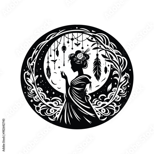 geisha inside bohemian decoration in black and white illustrations, cutout graphic