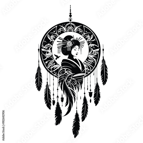 geisha with bohemian decoration in black and white illustrations, cutout graphic