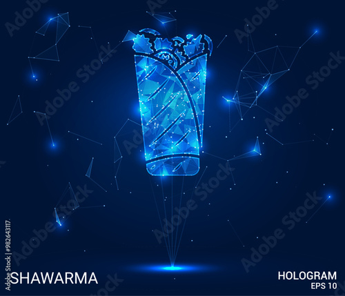 Hologram shawarma. Shawarma made of polygons, triangles, dots, and lines. Low-poly shawarma structure of connections. Technology concept vector.