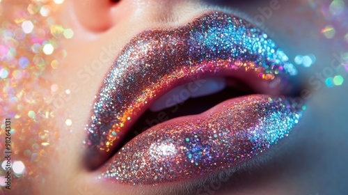 Lips emitting a cascade of sparkling glitter, with a high-shine finish and vibrant details of the glitter particles captured in a dynamic, festive composition photo