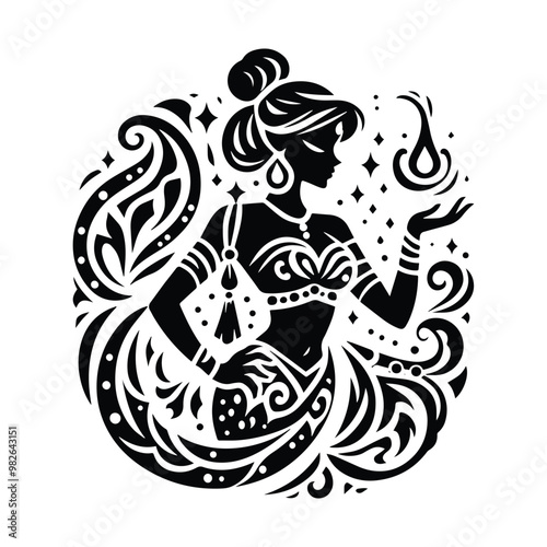 Genie female with bohemian decoration decoration in black and white illustrations, cutout graphic black and white illustration