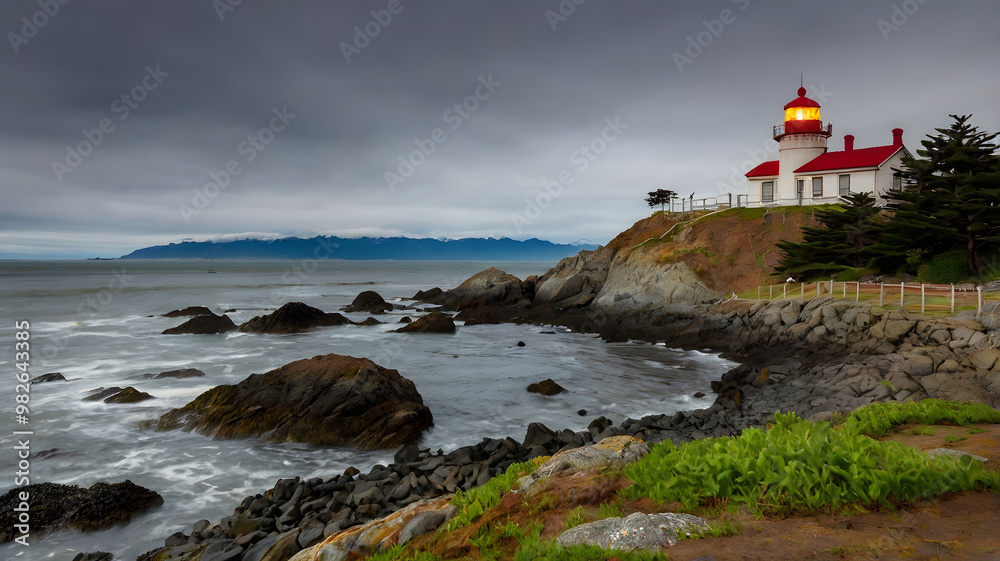 Lighthouse on a rocky Maine coastline, bathed in the golden light of the setting sun Lighthouse on a rocky Maine coastline, bathed in the golden light of the setting sun