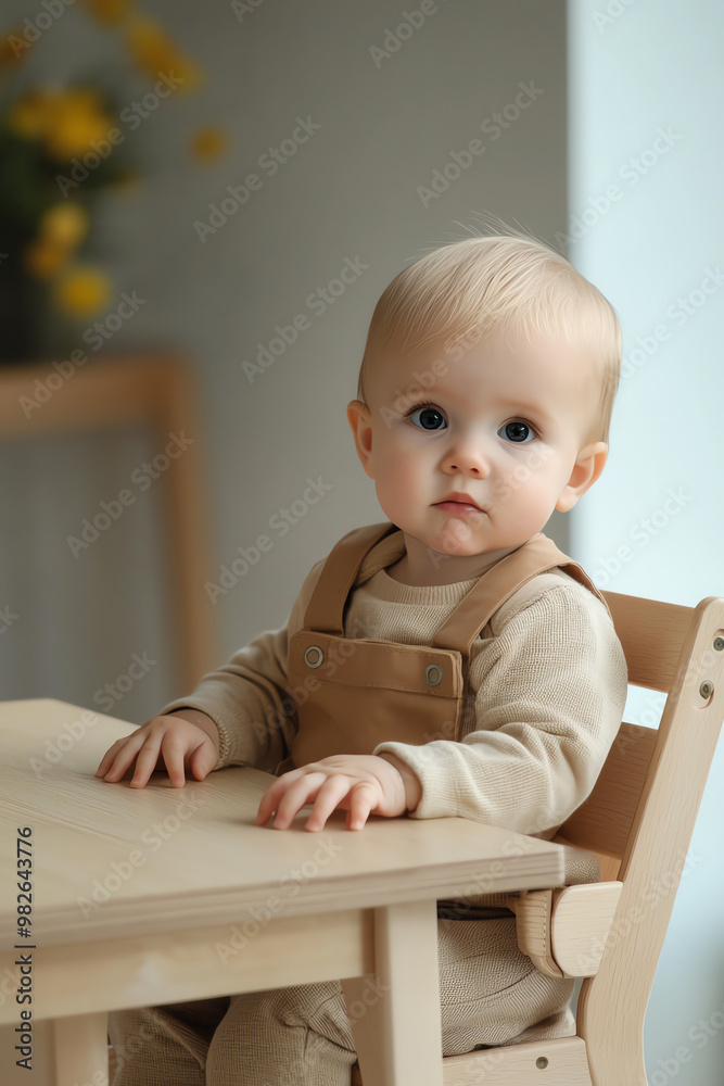 A cute toddler sitting at a wooden table, displaying a curious expression, perfect for family or childcare themes. A cute toddler sitting at a wooden table, displaying a curious expression, perfect for family or childcare themes.