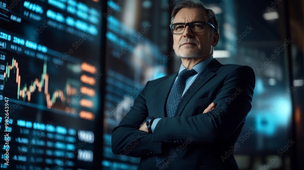 A confident businessman stands in front of financial charts, embodying professionalism and expertise in the trading environment. A confident businessman stands in front of financial charts, embodying professionalism and expertise in the trading environment.