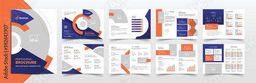 Corporate company business brochure template layout design with creative shapes and orange blue color accents
