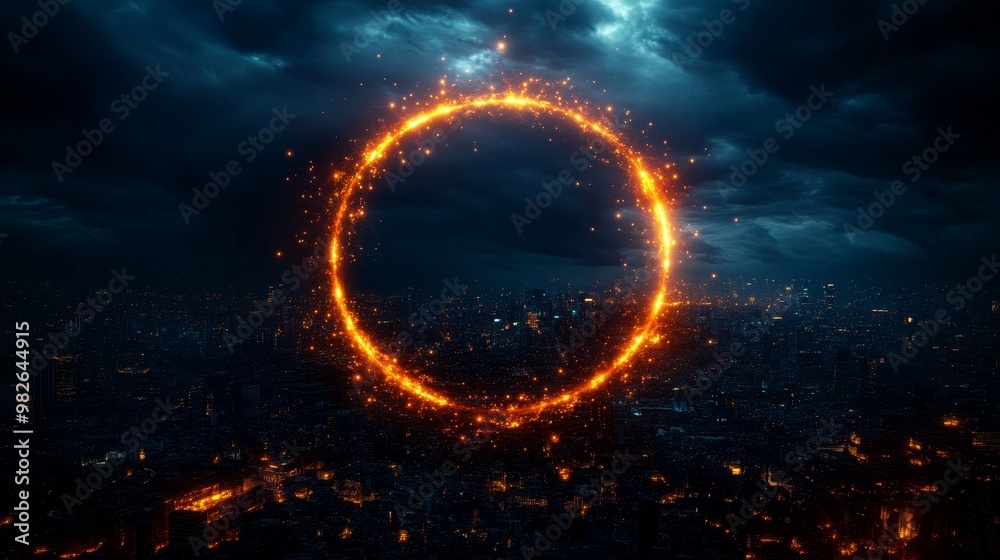 A glowing circular portal in a stormy sky, showing a vibrant, futuristic cityscape from a parallel universe, Sci-fi, Neon colors, 3D render, Dramatic lighting A glowing circular portal in a stormy sky, showing a vibrant, futuristic cityscape from a parallel universe, Sci-fi, Neon colors, 3D render, Dramatic lighting