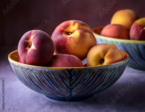 Two bowls of assorted peaches in whimsical ceramics, with vibrant pastels and soft-focus lighting.