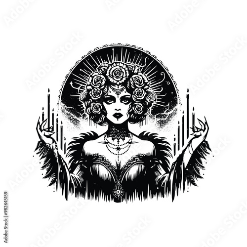 gothic lady horror with bohemian decoration decoration in black and white illustrations, cutout graphic