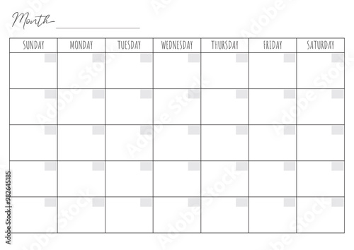 Blank Monthly Calendar Template. Vector calendar. Week starts sunday. Calendar template in minimal design