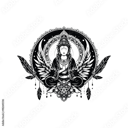 Guan Yin goddess inside bohemian decoration in black and white illustrations, cutout graphic