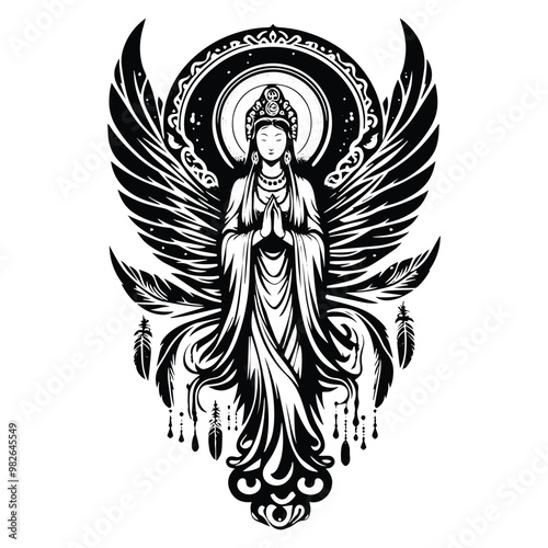 Guan Yin goddess with bohemian decoration in black and white illustrations, cutout graphic