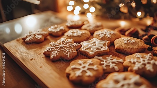 Sweetly decorated snowflake cookies on a wooden board, perfect for festive gatherings and holiday celebrations.