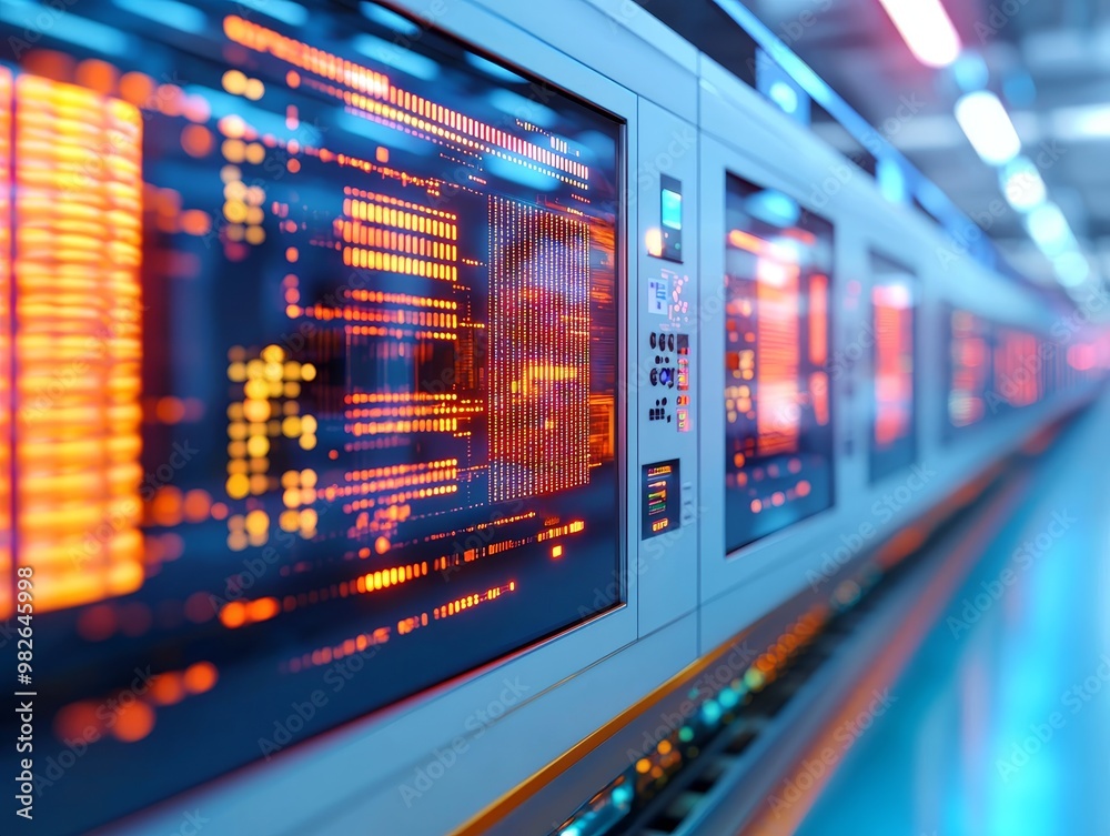 Automated factory infrastructure, holographic data streams, interconnected machinery, sleek industrial background Automated factory infrastructure, holographic data streams, interconnected machinery, sleek industrial background