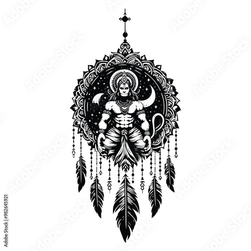 hanuman hindu god with bohemian decoration in black and white illustrations, cutout graphic