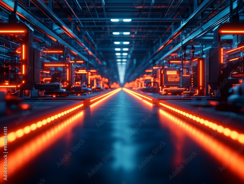 Industrial architecture, smart factory infrastructure, interconnected systems, digital interfaces, neon-lit control hubs Industrial architecture, smart factory infrastructure, interconnected systems, digital interfaces, neon-lit control hubs