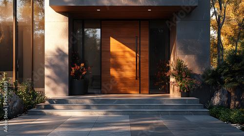 Modern wooden front door with glass panels, set against a sleek concrete facade and surrounded by lush greenery.