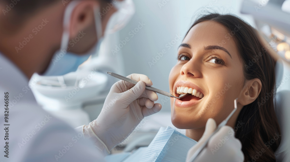 Dental checkup with a smiling patient and dentist in a bright clinic during the day Dental checkup with a smiling patient and dentist in a bright clinic during the day