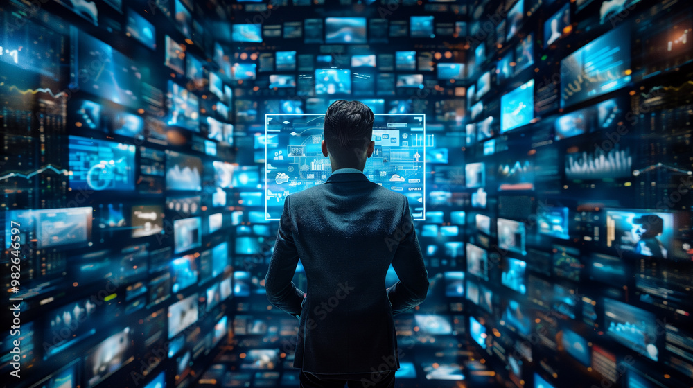 A social media uses the technological interface of the future with screens and additional reality A social media uses the technological interface of the future with screens and additional reality
