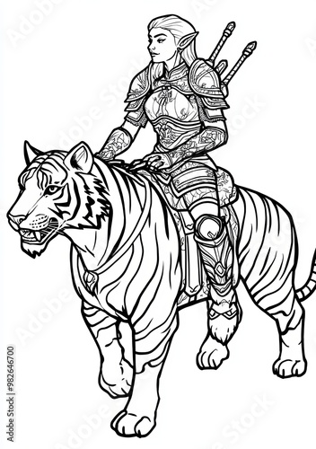 Line drawing of a female knight in plate armor with curly hair and a huge lance astride a wolf that stares curiously at the viewer.