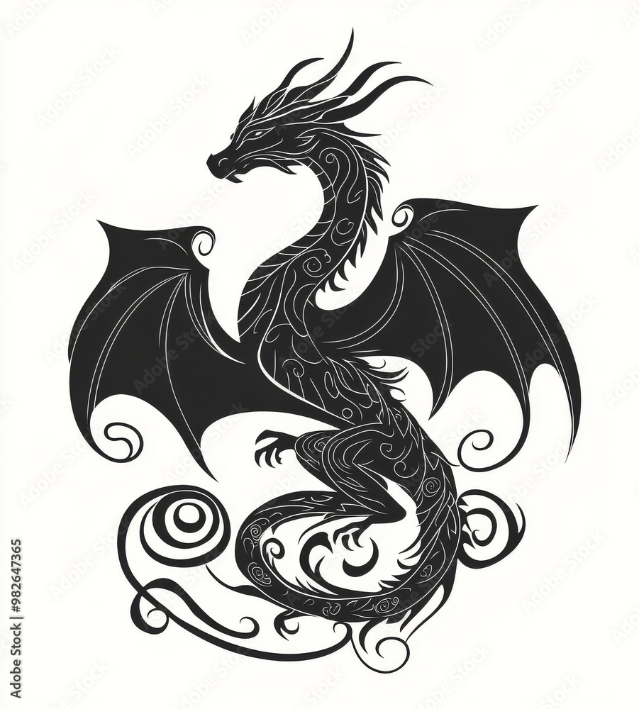 Fototapeta premium On a white background, a black heraldic wyvern or dragon.
