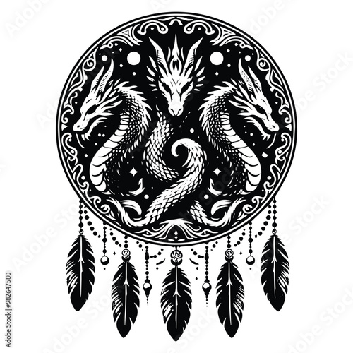 hydra dragon with bohemian decoration in black and white illustrations, cutout graphic