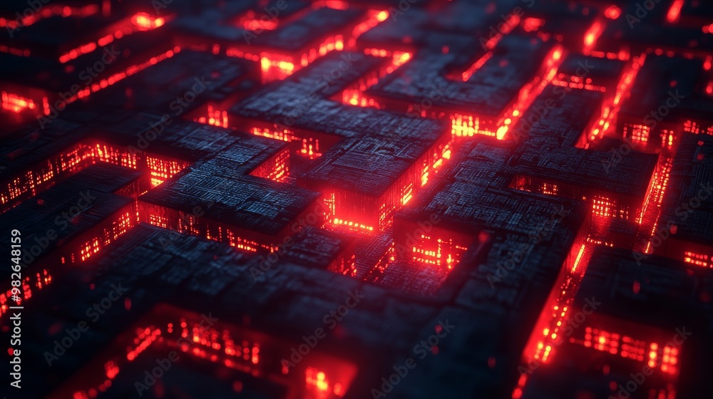 A metallic maze with glowing red pathways, aerial perspective, surrounded by floating digital code, cyberpunk, 3D render, dark and high contrast A metallic maze with glowing red pathways, aerial perspective, surrounded by floating digital code, cyberpunk, 3D render, dark and high contrast