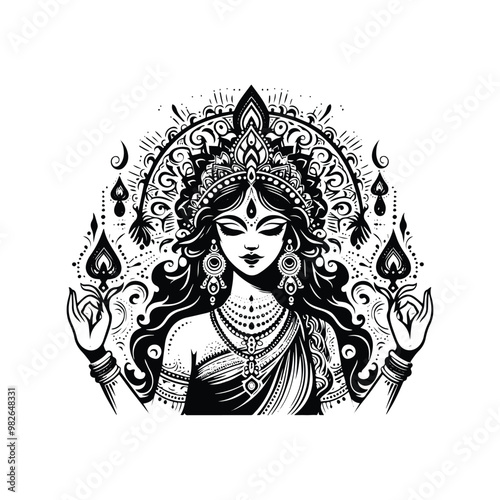 kali goddess with bohemian decoration decoration in black and white illustrations, cutout graphic