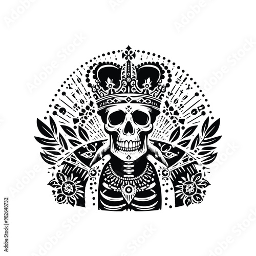 king skeleton with bohemian decoration decoration in black and white illustrations, cutout graphic