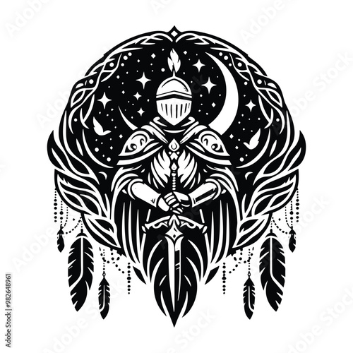 knight male with bohemian decoration in black and white illustrations, cutout graphic .