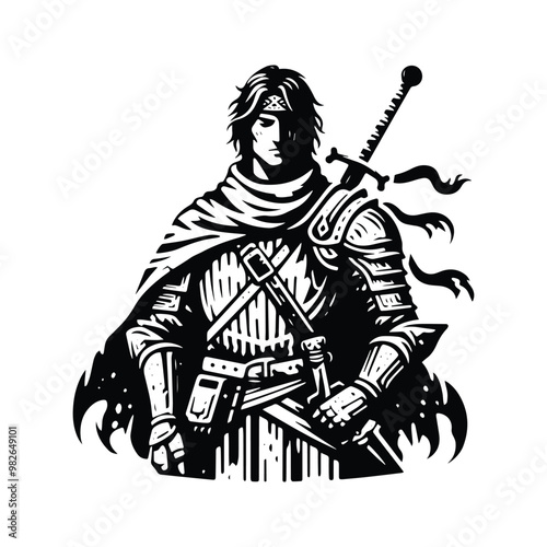 knight male with bohemian decoration in black and white illustrations, cutout graphic