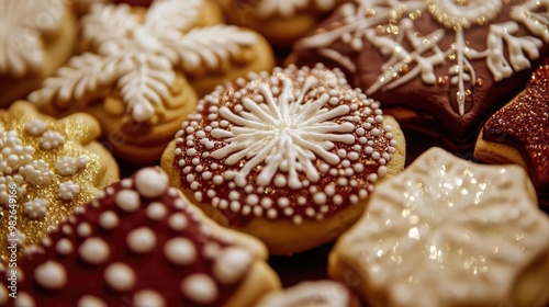 Delightful holiday cookies decorated with intricate icing designs, perfect for festive celebrations and sweet treats.