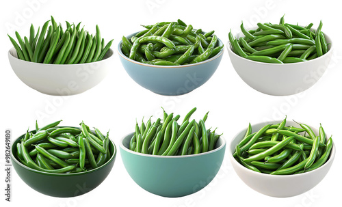 Assorted bowls filled with fresh green beans isolated on transparent background photo
