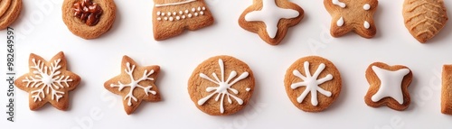 Decorative gingerbread cookies arranged in a row, featuring festive shapes and intricate icing designs for holiday celebrations.