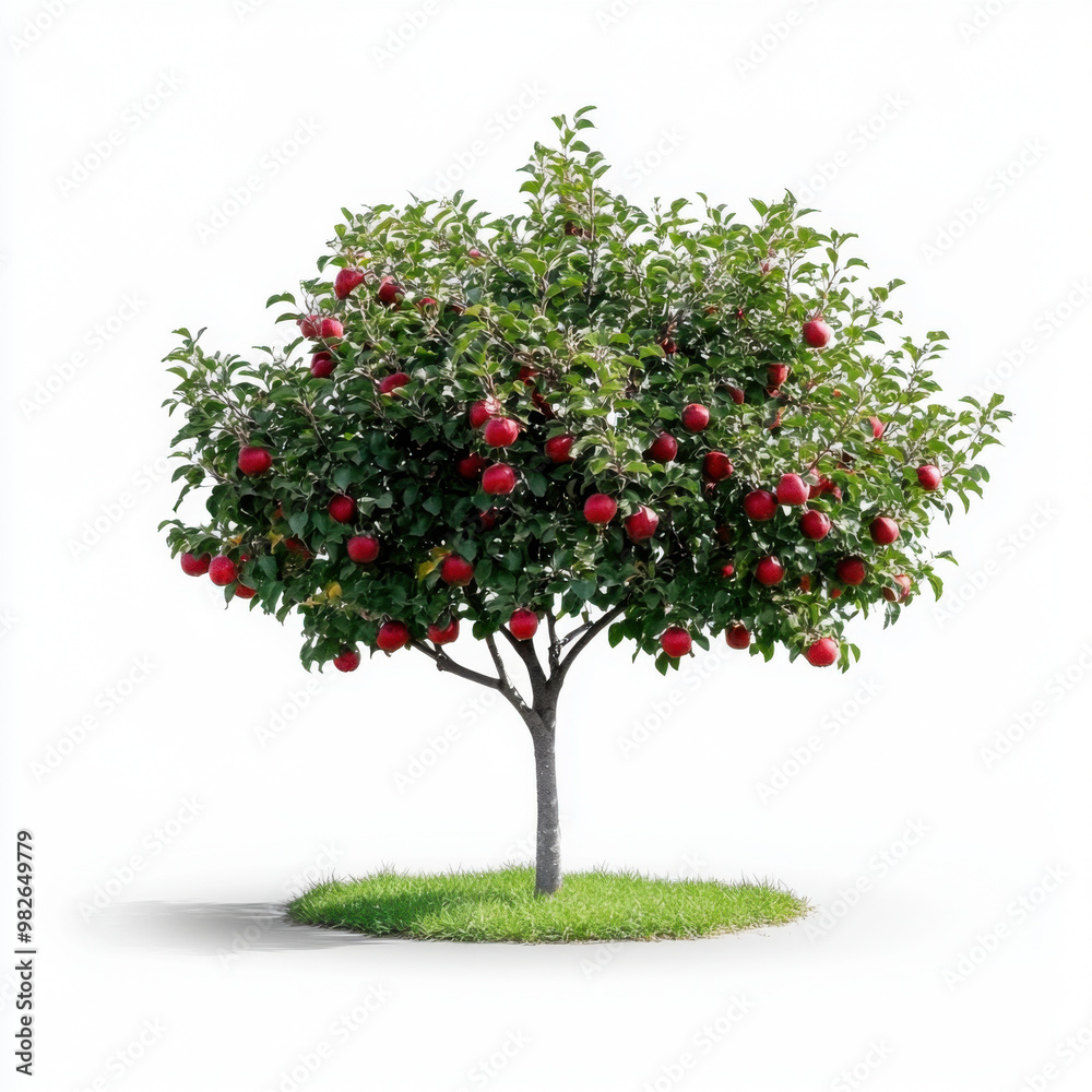 Isolated apple tree with ripe red apples on a white background, symbolizing growth, harvest, and nature's bounty. Isolated apple tree with ripe red apples on a white background, symbolizing growth, harvest, and nature's bounty.