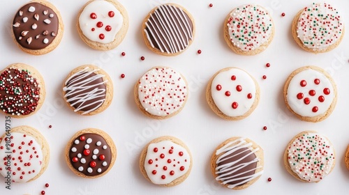 Delicious decorated cookies arranged on a white background, featuring various toppings and festive designs perfect for any celebration.