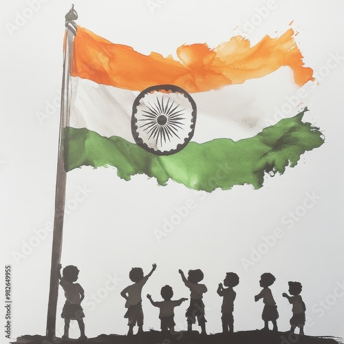 Children Silhouettes Hoisting the Indian Tricolor on a Pencil Flagpole, Symbolizing Learning and National Pride generative ai