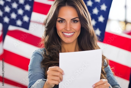 Smiling woman holding paper with American flag in the background