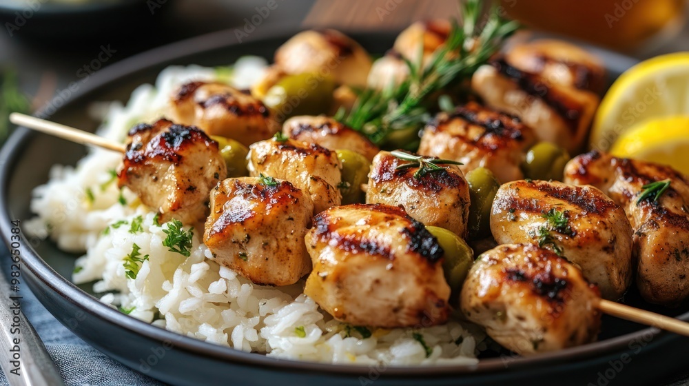Traditional Chicken Shish Kebabs or Shish Tawook skewers. Greek grilled chicken skewers served with lemon rice and marinated green olives. Traditional Chicken Shish Kebabs or Shish Tawook skewers. Greek grilled chicken skewers served with lemon rice and marinated green olives.