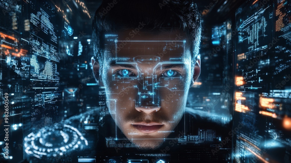 custom made wallpaper toronto digitalA futuristic digital portrait of a person with glowing blue eyes, surrounded by high-tech graphics and data visualizations, suggesting AI and technology.