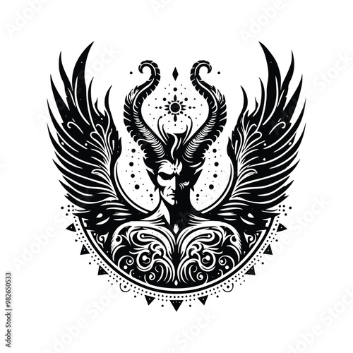 Lucifer with bohemian decoration decoration in black and white illustrations, cutout graphic photo