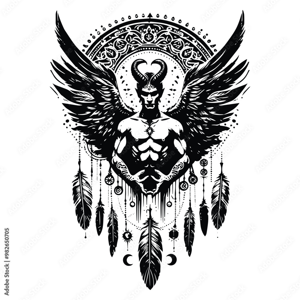 Lucifer with bohemian decoration in black and white illustrations, cutout graphic w Lucifer with bohemian decoration in black and white illustrations, cutout graphic w